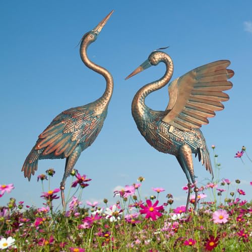 33-37 Inch Metal Crane Garden Statue Décor, Bird Heron Garden Sculpture & Statues, Outdoor Decoration for Yard Pond Lawn Backyard Pool, Vintage Spread Wings Crane, Set of 2 Copper - color: Copper