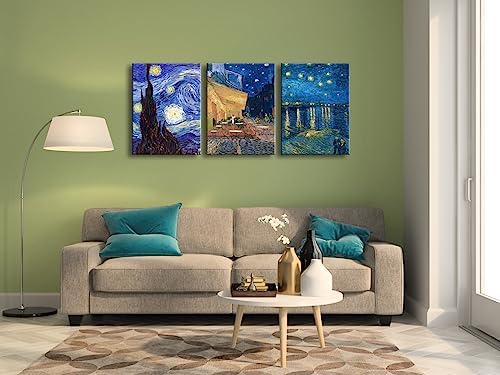 Wieco Art 3 Panels Canvas Prints of Vincent Van Gogh Paintings Reproduction Starry Night Over the Rhone Cafe Terrace at Night Canvas Wall Art for Living Room Home Office Decor - color: Van Gogh Paintings, size: 12 x 16 inches (Unframed)