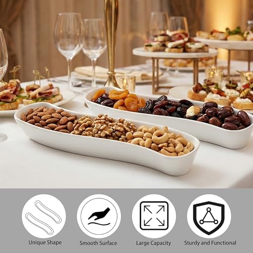 2 Pack Olive Trays, 12 inch Ceramic Olive Dish for Appetizers Crackers Nut and Snacks, Unique Styling and Elegant Design for Charcuterie in Entertaining Party and Daily Use, Dishwasher Safe