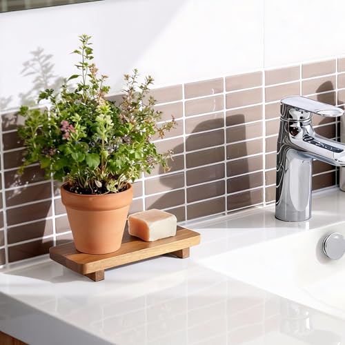 Small Acacia Wood Bathroom Tray Pedestal Stand Farmhouse Kitchen Decor Decorative Wooden Riser Soap Dish Sponge Holder for Vanity, Counter, Sink, 8.6" x 3.6" - size: 8.6" x 3.6" x 1.18"