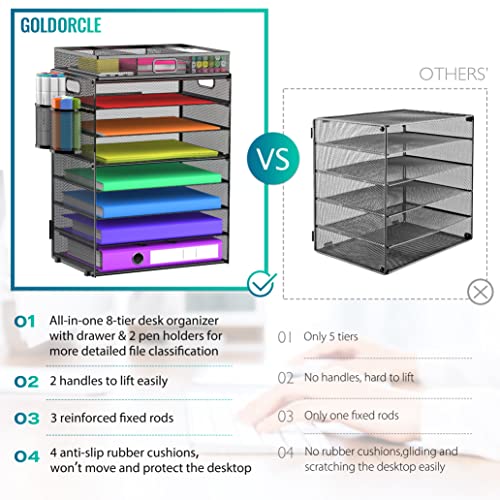 8 Tier Paper Letter Tray Organizer with Handles, Mesh Desk File Holder Storage Organization for Home School Classroom & Office (Black-with Drawer,Pen Holders) - color: Black-with Drawer,pen Holders