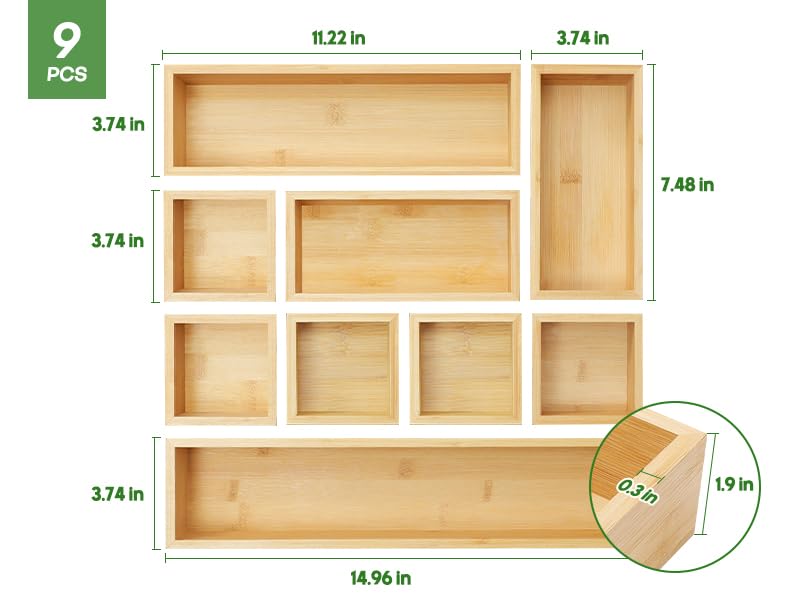Bamboo Drawer Organizer Set, 9 PCS Multi-Use Individual Wood Storage Organizers, Junk Drawer Divider and Storage Trays Containers for Kitchen, Bathroom, Office Desk, Makeup, Jewelry, Utensils - size: 9