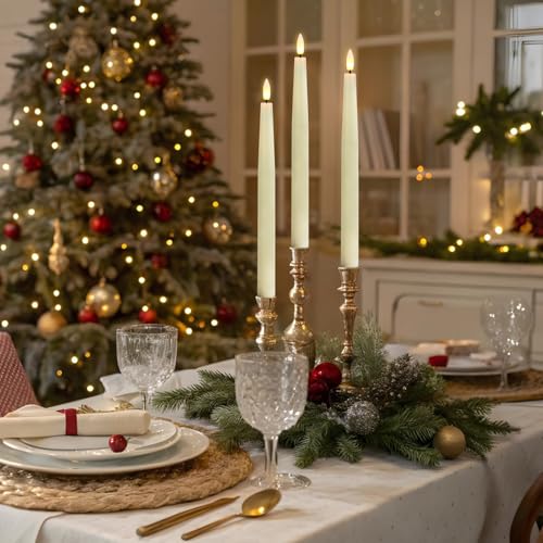 GenSwin Christmas Window Candles, 4 Pcs Battery Operated Window Candles with Remote Timer, Waxy LED Flameless Taper Candlesticks with Black Holder for Christmas Holiday Home Decor(Ivory,0.78”x12.6”) - color: 4-Ivory