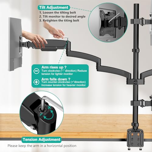 WALI Quad Monitor Mount for 13-27 inch Screens, Extra Tall 4 Monitors Desk Mount, up to 19.8lbs, 32.2 inch Height Max, Fully Adjustable 4 Monitor Arms, VESA 75/100mm (GSDM004S), Black - size: 13"-27", style: Quad Arms
