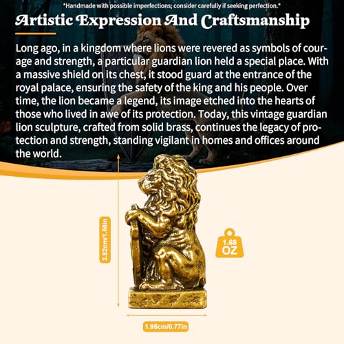CHOVY Retro Handcrafted Guardian Lion Sculpture - 100% Solid Brass Majestic Lion Holding Ornate Shield Vintage Style Collectible Art Piece for Home & Office | Unique Gift for Mythology Lovers - style: Lion Guardian