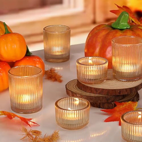 NITIME 10pcs Ribbed Gold Votive Candle Holders, Assorted Glass Tea Light Candle Holders for Wedding Centerpieces, Brithday, Party and Holiday Decorations - color: Gold
