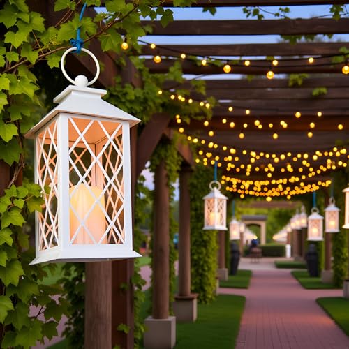 13" Metal Vintage Lantern with Pillar Flameless Candles, Battery Operated Decorative Hanging Retro Iron Lantern with LED Plastic Candle (White) - color: White