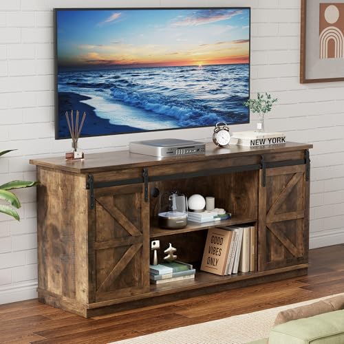 YESHOMY TV Stand for Televisions up to 65 Inches, with Sliding Barn Doors and Storage Cabinets, Console Table and Media Furniture for Living Room, 58 Inch, Barnwood - color: Barnwood, style: Sliding Barn Doors TV Stand