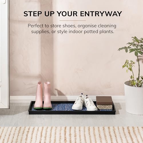 Anji Mountain Rubber Boot Tray with Coir, Fits 3 pair (34.5” wide), Blue & Ivory Insert - color: Blue and Ivory, size: 34" x 14" x 1.5"