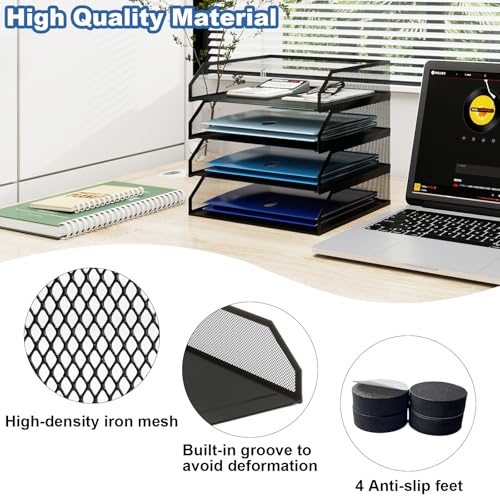 Natwind 4-Tier Stackable Paper Tray, Metal Mesh Desktop Organizer, A4 Paper Sorter, Letter Trays,File Folder Sorter Organizer with Sliding Tray for Home, Office, School (Black) - size: 4 Tier