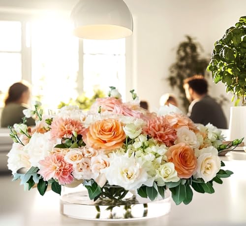Large Clear Acrylic Flower Vases with 21 Holes, 8” Round Short Centerpiece Vase for Table Decor Wedding Birthday Home DecorationAcrylic Vase with Holes