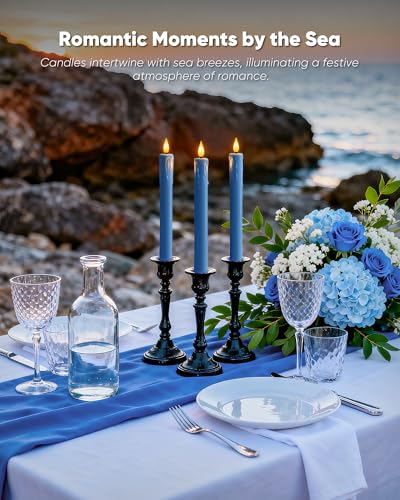 Homemory 6 Pcs Real Wax Blue Flameless Taper Candles with Remote Timer, 9.6 Inches LED Fake Candlesticks, LED Candle with 3D Flickering Flame for Romantic Wedding, Dinner, Xmas Anniversary Decor - style: Coastal - Blue 9.6"