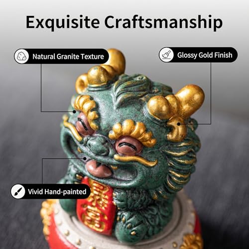 Natural Himalayan Granite Guardian Lion Figurine, Chinese Feng Shui Wealth-Attracting Ornamental Animal Sculpture, Green Good Luck Decorative Statues with Red Base for Home Tabletop Decor, Set of 1