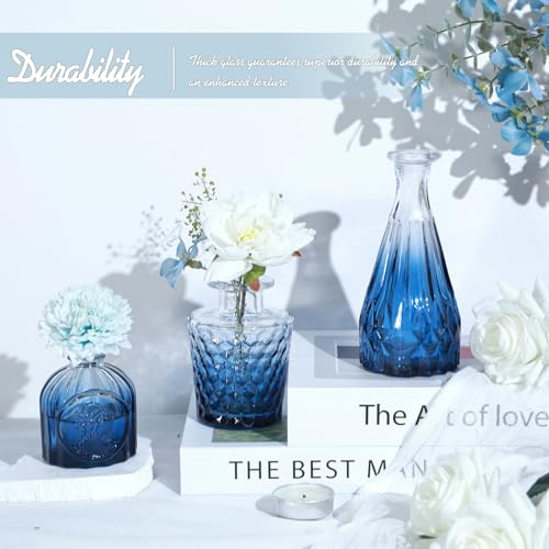 TBWIND Glass Bud Vase Set of 5, Small Blue Flower Vases for Centerpieces in Bulk, Mini Vintage Vase for Wedding Decor, Single Flowers, and Home Table Décor - color: 5pcs-blue