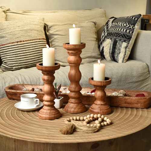 SWALLOWLIVING Rustic Farmhouse Wood Pillar Candle Holder Set of 3 for Candlestick, Brown - color: Brown
