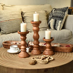 SWALLOWLIVING Rustic Farmhouse Wood Pillar Candle Holder Set of 3 for Candlestick, Brown - color: Brown