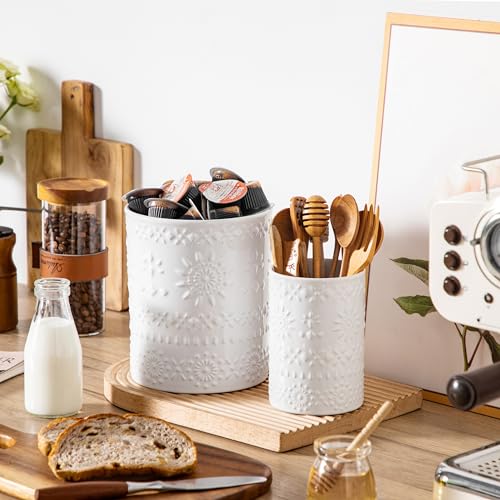 LOVECASA Utensil Holder, 7.2"+5.4" Ceramic Utensil Holder for Countertop, Large Cooking Utensil Crocks for Kitchen Counter, Farmhouse Utensil Vase for Housewarming, Kitchen Decor, Set of 2, Snow - color: Snow, size: 7.2"+5.4" (Set of 2)