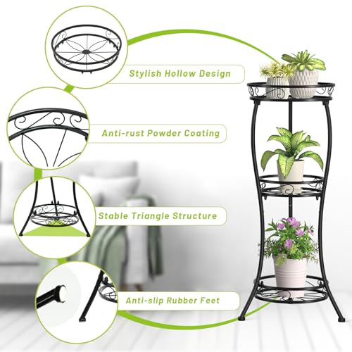 KMOTASUO 3 Tier Tall Metal Plant Stand, 33 Inch Plant Stands Indoor Outdoor, Rustproof Iron Flower Pot Holder Display Rack for Corner Patio Garden Balcony Living Room(Black) - color: Classic Black, size: 3 Tier