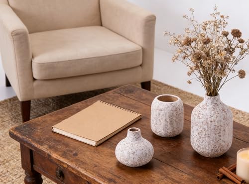 Modern Ceramic Vases Set 3, Stone Style Ribbed Vases Decorative for Table Shelf Decor Bookshelf Decoration - color: 15 Floral