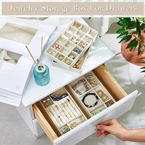 Junkin 18 Pcs Velvet Jewelry Tray, Stackable Jewelry Organizer Trays for Drawer, Jewellery Box Divided Display Tray, Jewelry Inserts for Drawer for Rings Earring Bangle Necklaces(Beige) - color: Beige