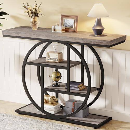 Tribesigns 41.3" Console Table, Industrial 4-Tier Sofa Table Entryway Table with Circle Base, Narrow Wood Accent Tables with Storage Shelves for Living Room, Hallway, Foyer, Gray | Industrial, Sofa Table, Entryway Table, Narrow, Accent Tables, Storage She