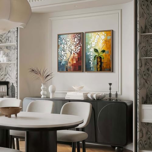 2 Piece Framed Canvas Art Prints Morning Glory Modern Abstract White Flowers Oil Painting Style Wall Floral Gallery Poster for Living Room Bedroom Office Decor Ready to Hang12x16 Inch - color: Abstract White Floral Oil Painting, size: 12"x16"