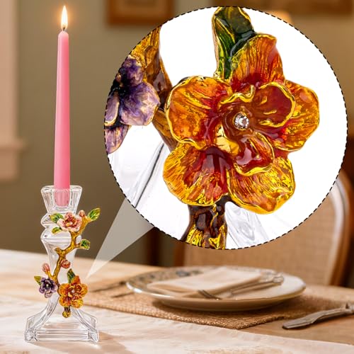 Handcrafted Enamel Glass Candle Holder – Stunning Floral Design with Begonia Flowers for Weddings, Home Décor, and Gift Giving – Unique Handcrafted Piece with Enamel Detailing