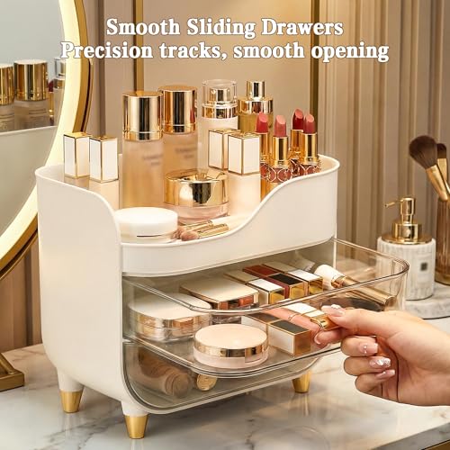 Makeup Organizer for Vanity with Large Smooth Drawers Extra Large Skincare Organizer for Bathroom Countertop and Dresser, Crystal Clear Cosmetic Storage Display Case for Beauty Products - color: White