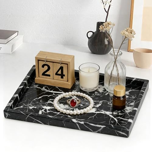 Natural Marble Tray, Stone Tray for Bedroom/Bathroom/Kitchen/Vanity Countertop, Jewelry Tray for Rings Earrings Necklace Bracelet Watch, Room Decor Aesthetic - color: Precious Black, size: 11.8" x 7.9" x 1.2"