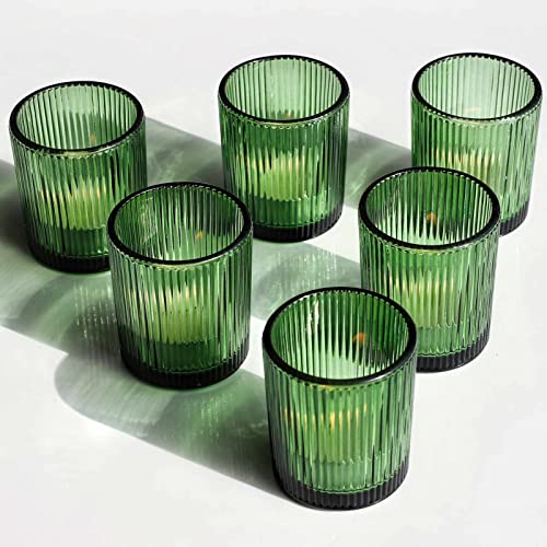 VOHO 12pcs Candle Holder Ribbed Glass, Green Votive Candle Holders for Wedding Party Table Centerpieces, Glass Tealight Candle Holder for Birthday Gift(2.1'' x 2.6'', Green) - color: Green