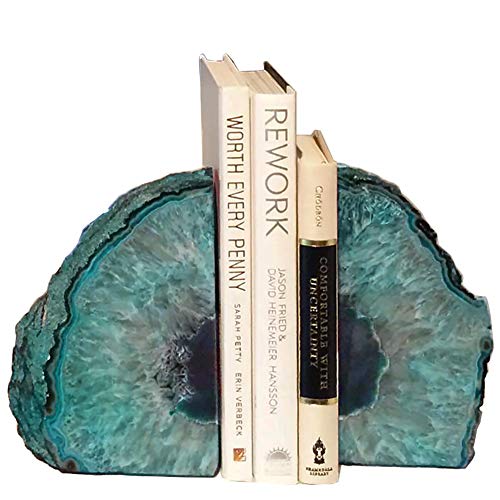 AMOYSTONE Agate Geode Bookends Heavy Duty Stone Book Ends Decorative Bookend Holder Home Office Decor with Rubber Bumpers Teal 1 Pair, 2-3 LBS - color: Dyed Teal, size: 2-3LBS