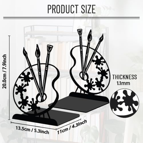 WADORN 1 Pair Painting Palette Metal Decorative Bookend for Shelves, Heavy Duty Book Ends Modern Non-Skid Books Holder Stand Black Book Support Stoppers for Desk Bookshelf Office Home, 5.3x4.3x7.8 - color: Painting Palette