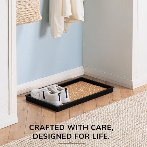 Anji Mountain Heavy Duty Waterproof Rubber Shoe Storage Mat Organizer/Boot Storage Tray Multi Use for Entryway with Coir, Tan and Khaki Insert, Fits 2 Pair (24.5" Wide) - color: Tan and Khaki, size: 24" x 14" x 1.5"