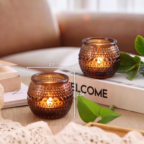 32 Pcs Amber Votive Candle Holders, Round Amber Glass Candle Holder with Polka Dot Embossed, Vintage Votive Candle Holders for Weddings, Home Decor, Baby Shower, Special Occasions - color: Amber