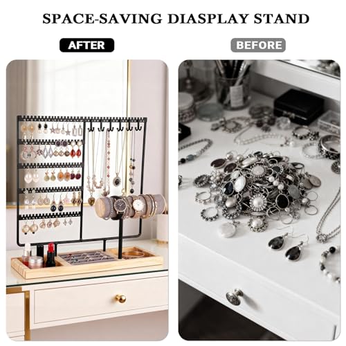 Ciormis 5 Tier Jewelry Holder Organizer, 72 Holes Earring Tree Holder Organizer 12 Hooks Necklace Rack Display Holder with Ring Storage Tray Bracelet Display Holder for Preppy Girl Friend Gift(Black) - color: Black-new