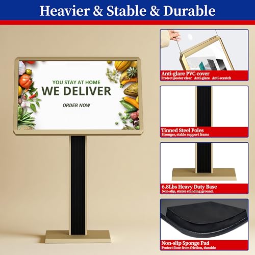 Sign holder floor stand,Heavy-Duty Pedestal poster stand for display,21×29 inch Adjustable Aluminum Menu Stand for Restaurant(Gold) - color: Gold