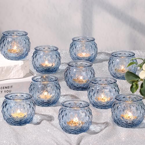 DARJEN Blue Votive Candle Holders Set of 24- Round Glass Candle Holders Bulk for Tea Light Candle, Diamond Texture Candle Votives for Wedding Centerpiece, Party & Home Decor - color: Blue