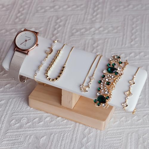 Wooden Watches Display tower Base Watch Necklace Bracelet Organizer Rack Bangle Scrunchie Headband Showcase tower (White PU, Flat single-layer) - color: Flat PU White