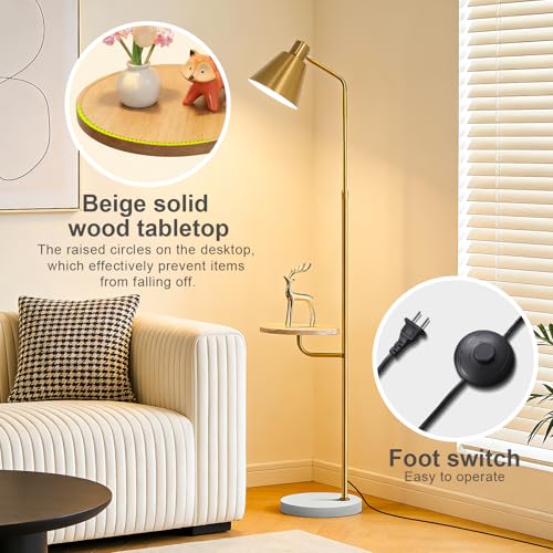 Gold Brushed Floor Lamp with Side Table for Living Room Bedroom, Modern Standing Lamp 12W LED 3-Color Dimmable 3000K/4500K/6500K, Adjustable Gooseneck Reading Light with Wood Shelf for Office Corner - color: Gold Table