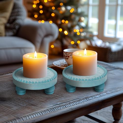 Farmhouse Round Wood Tray Riser, Pedestal Stand with Beaded Edge, Rustic Wooden Candle Trays Decor for Tiered Tray, Candle, Mug Display Decorative, Table Centerpiece, Blue Green - color: Blue Green, size: Set of 2