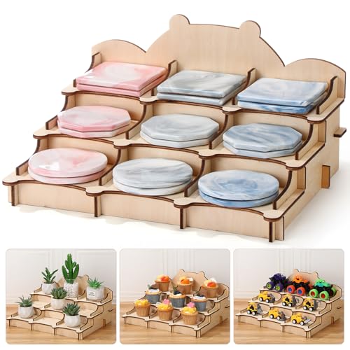 Cinnvoice 3 Tier Wooden Sticker Display Stand Sticker Coaster Display Stand with 9 Pockets for Postcard Brochure Photos Candles Jewelry Cupcake Snacks Holder for Vendors, Counter Retail