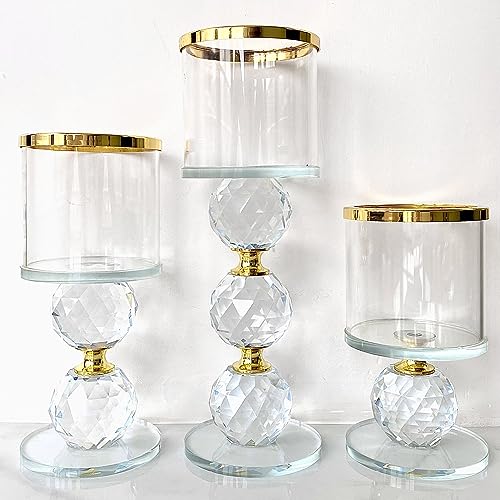 Glass Candle Holders Set of 3,Gold Pillar Candlestick,Crystal Candle Holder for Table Centerpiece Wedding Home Decor