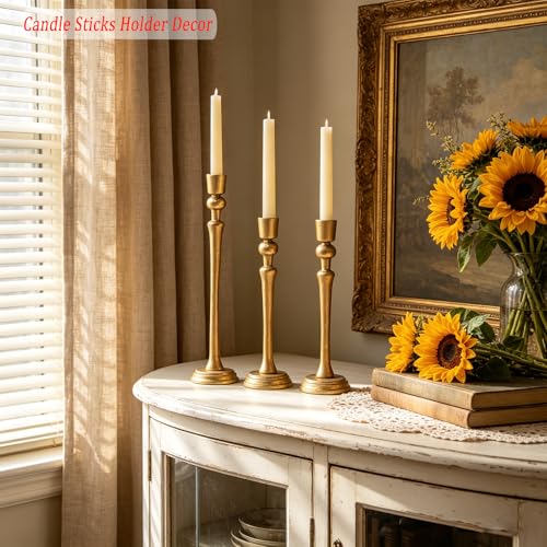 Gold Candlestick Holders Set of 3, Heavy Cast Iron Candle Holder for Table Centerpiece, Antique Brass Finish - color: Antiqued Gold 5