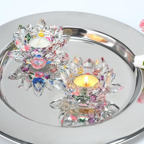 Colorful Crystal Lotus Flower Tealight Candle Holders, 2 Packs, K9 Crystal Material, Candlestick Decor, Glass Tealight Candlestick, Christmas Home Decoration - color: Colorful-2pcs