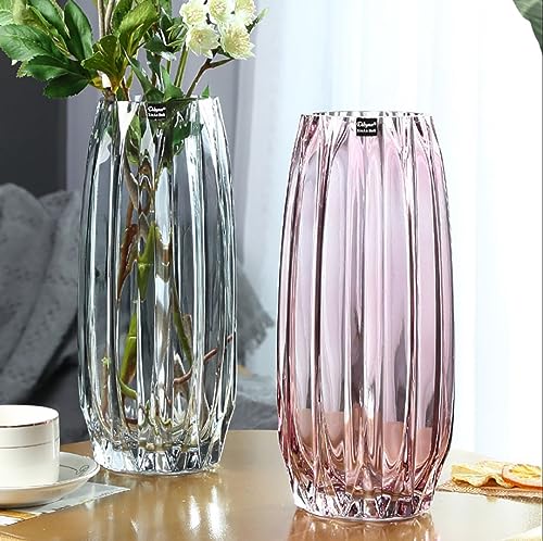 Lucky Bird Purple Pink Ribbed Glass Vase for Flowers and Candles - Modern Centerpiece (H12.0 inch) - color: Pink, size: H-11.8inch