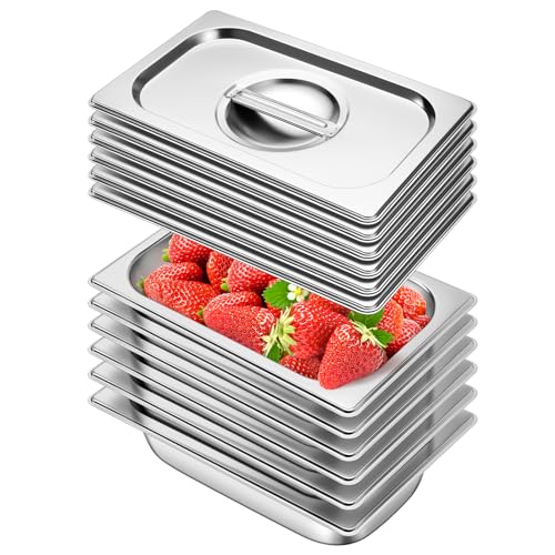 Hotel Pan with Lids 6 Pack 1/4 Size 2.5" Deep Stainless Steel Steam Table Pan, Commercial Food Pans for Catering Buffet Chafing Dish Pans Metal Steam Tray (1/4 Size x 2.5 Inch Deep, 6 Pack) - color: 1/4 Size, size: 2.5" Deep