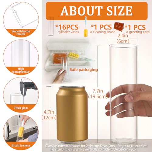 16Pcs Glass Cylinder Bud Vases for Centerpieces,7.7 In Tall Clear Flower Vases in Bulk,Glass Small Vases Floating Candle Holder for Party,Home Decor,Wedding Decoration,Birthday,Anniversary,Baby Shower
