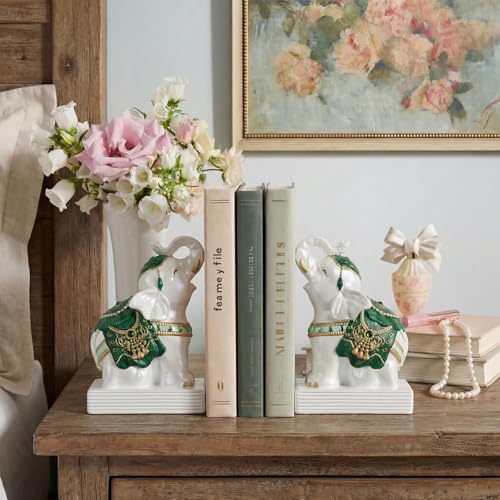 Elephant Bookends for Shelves, Decorative Bookends, Book Holders with Anti-Slip Pad for Book Lovers Heavy Book Stopper for Home Office Decor (Forgest Green&White) - color: Forgest Green&white