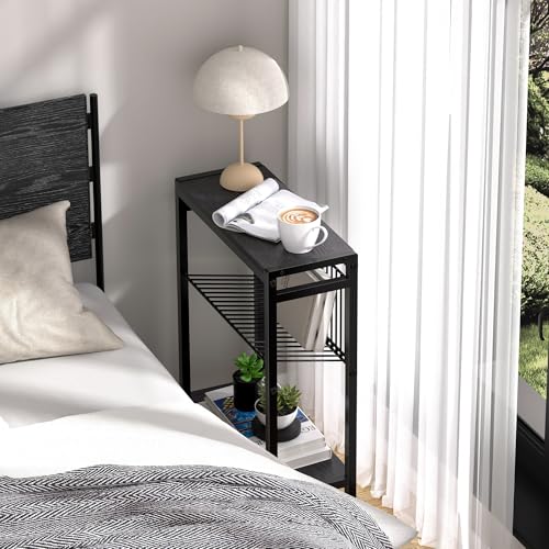 End Table Set of 2 for Small Space, 3-Tier Narrow Side Table with Magazine Holder,Slim Nightstand, Skinny Snack Couch Table in Living Room, Bedroom Study and Balcony (Black) - color: Black-2pcs