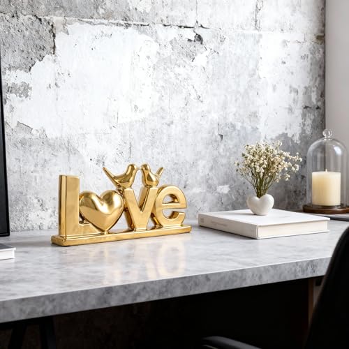 DOVDOV Gold Ceramic Love Sign Sculpture with Heart and Bird Statues, Modern Home Decor Accents for Living Room Coffee Table, TV Stand, Entryway and Shelf, Wedding or Housewarming Gift - color: Gold